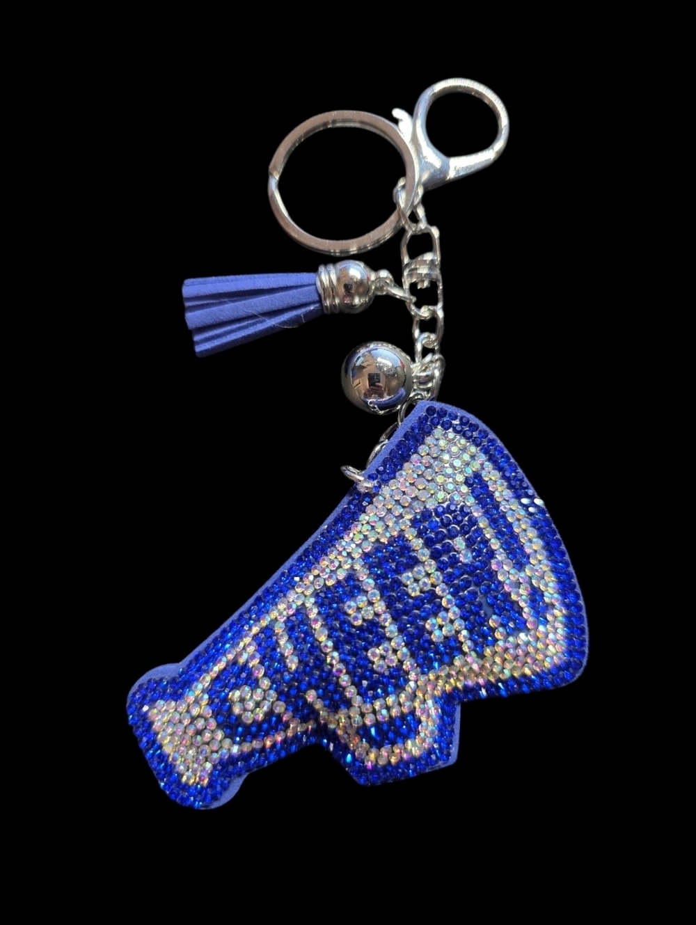 Blue Rhinestone 'CHEER' Megaphone Keychain with Blue Tassel